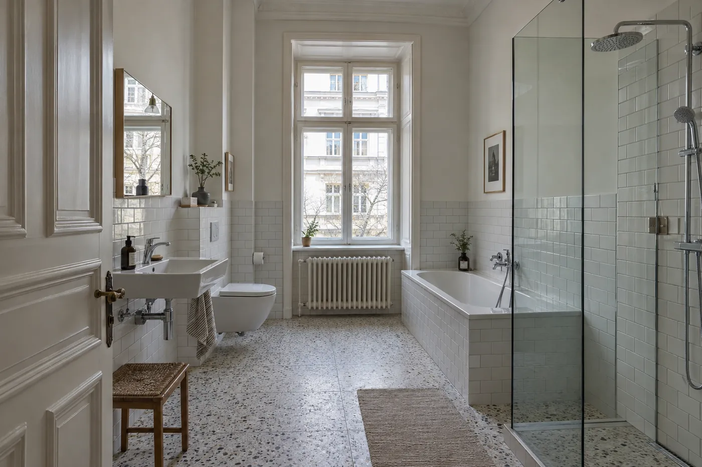 Modernisiertes Altbaubad mit bodengleicher Dusche und Holzelementen
