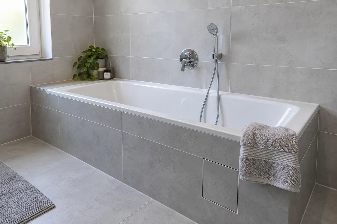 Eingebaute Badewanne mit gefliester Verkleidung und Standarmatur in einem hellen Berliner Badezimmer