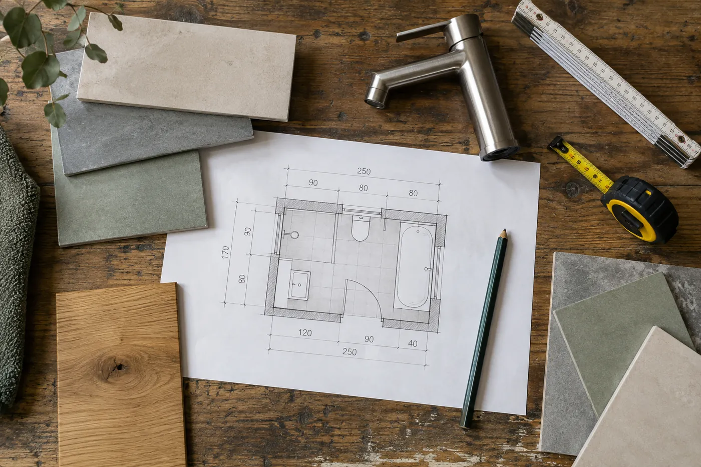 Badplanung mit Grundriss, Fliesenmustern und Zollstock
