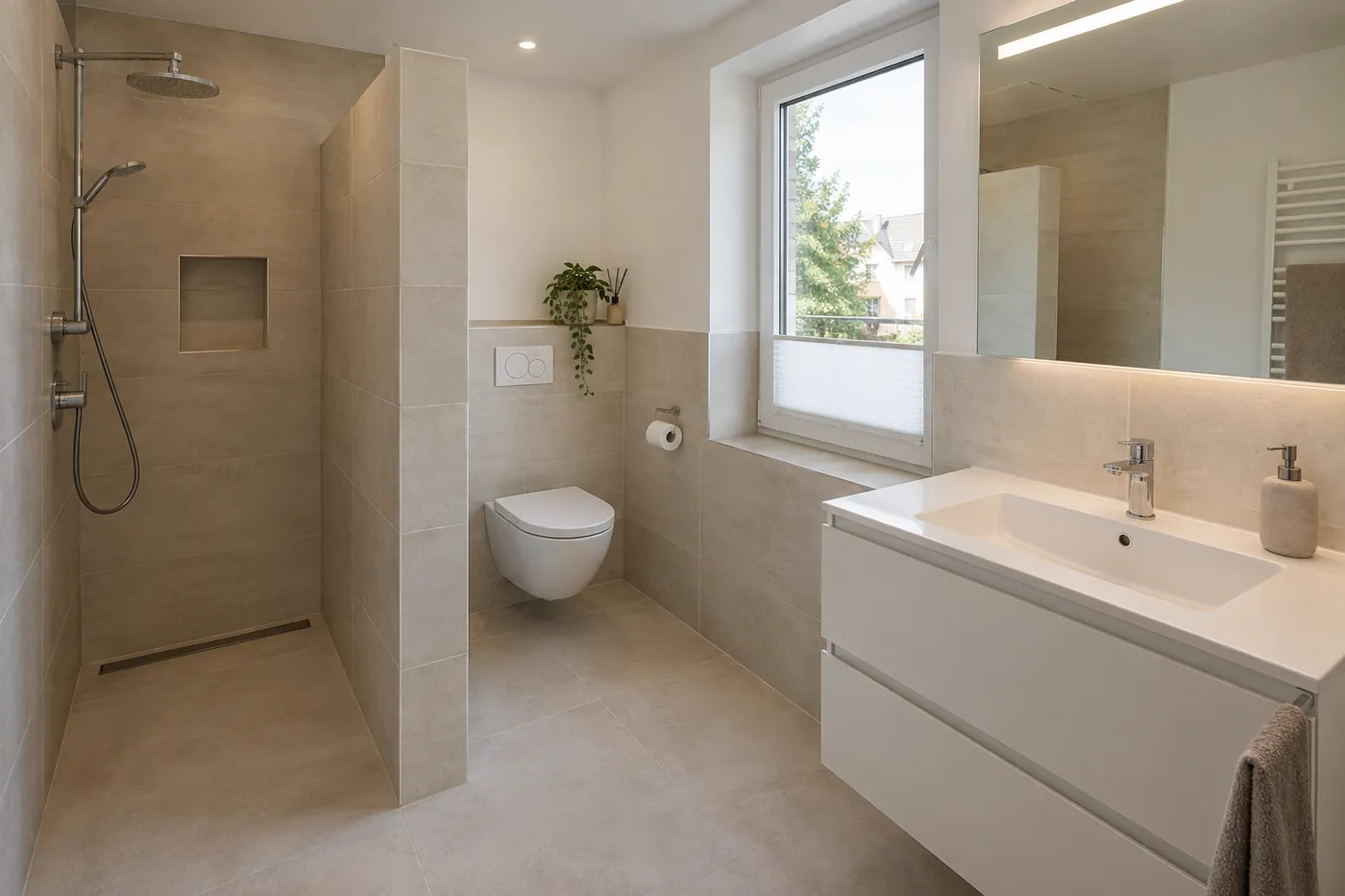 Saniertes Badezimmer mit Dusche, Wand-WC und Waschtisch