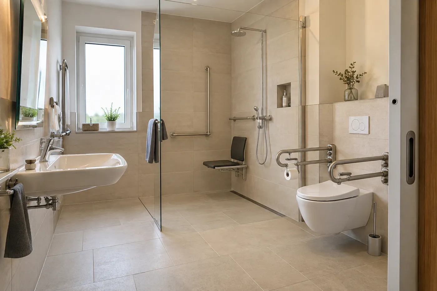 Barrierefreies Bad mit bodengleicher Dusche, Duschsitz und Stützgriffen am WC