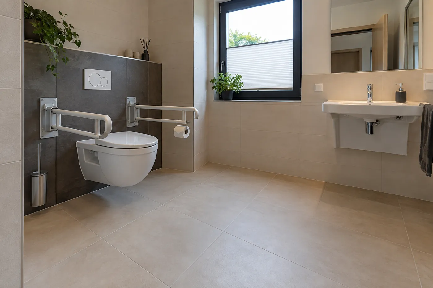 Wandhängendes WC mit Stützklappgriffen und Rückenstütze in einem barrierefreien Bad