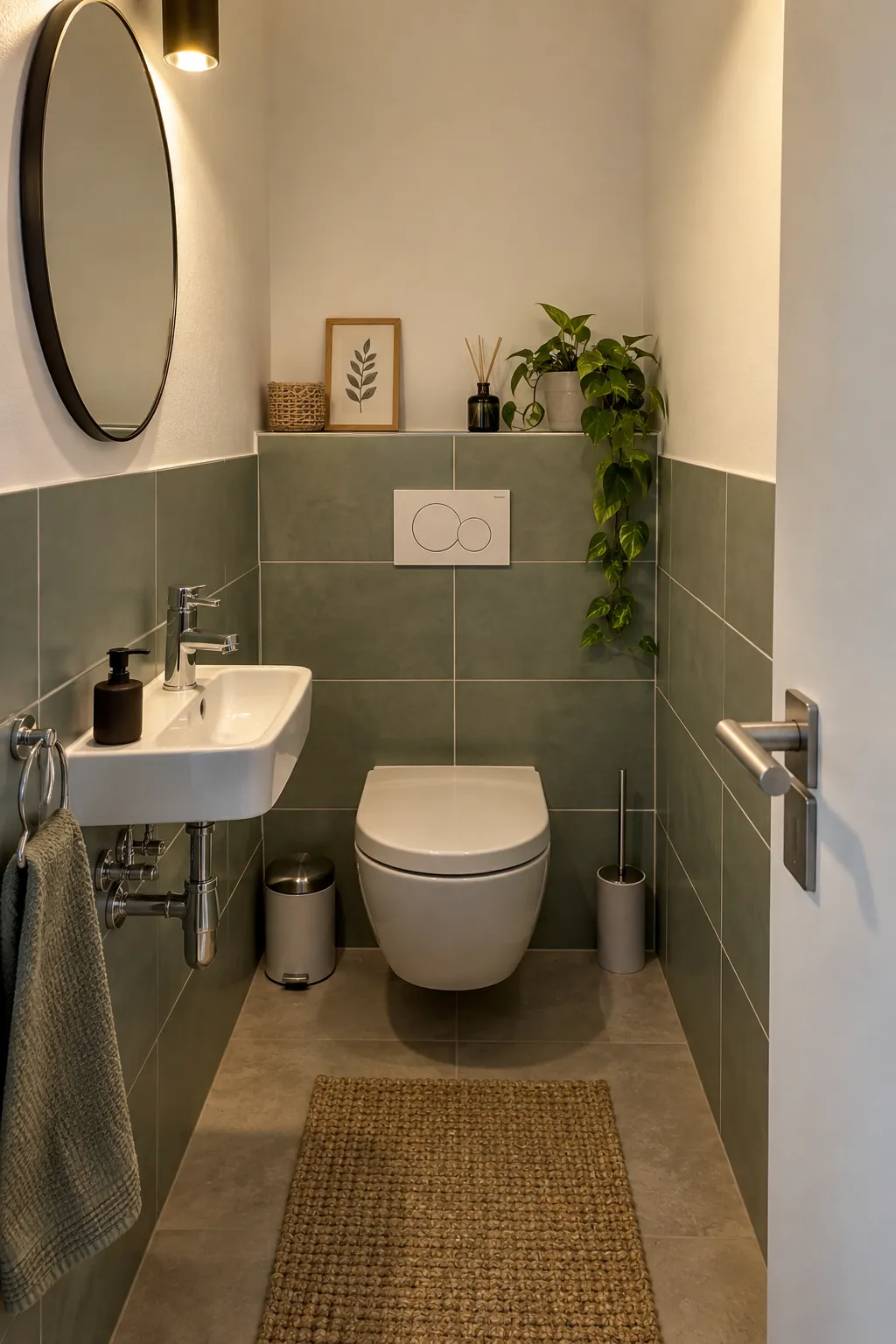 Saniertes Gäste-WC mit Wand-WC, Handwaschbecken und halbhohen Fliesen