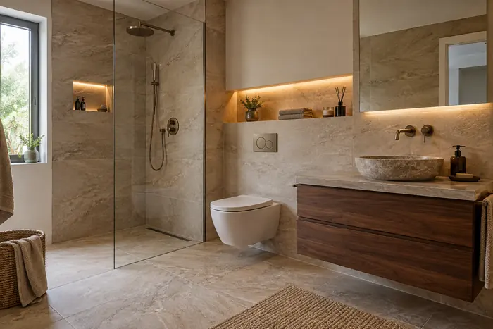 Naturstein-Optik mit Walk-in-Dusche
