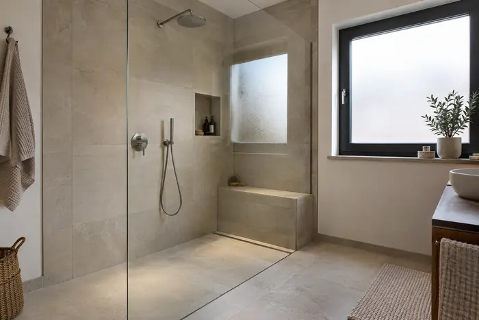 Große Walk-in-Dusche mit Sitzbank