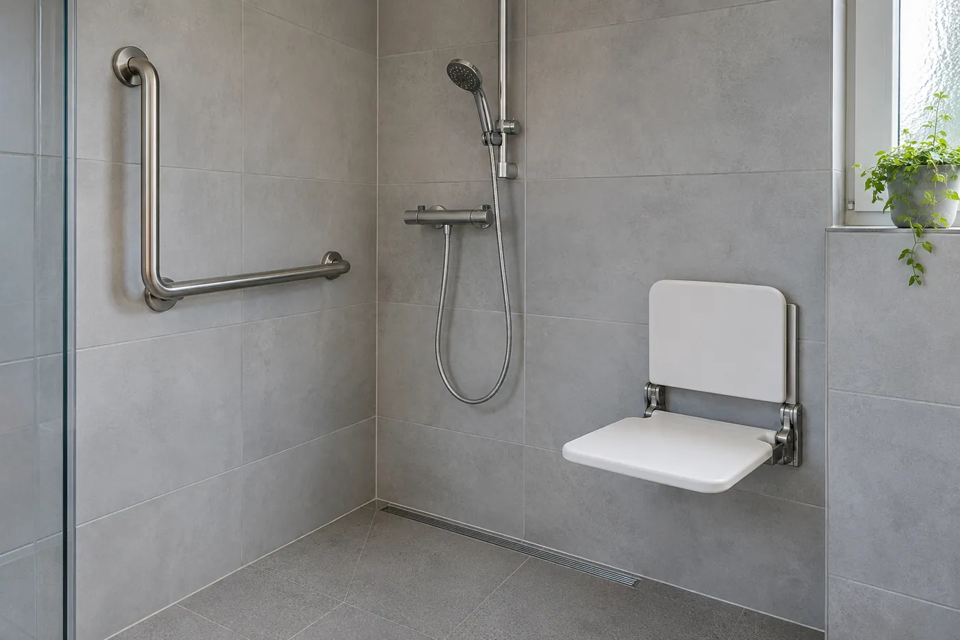 Haltegriff und Klappsitz in der bodengleichen Dusche