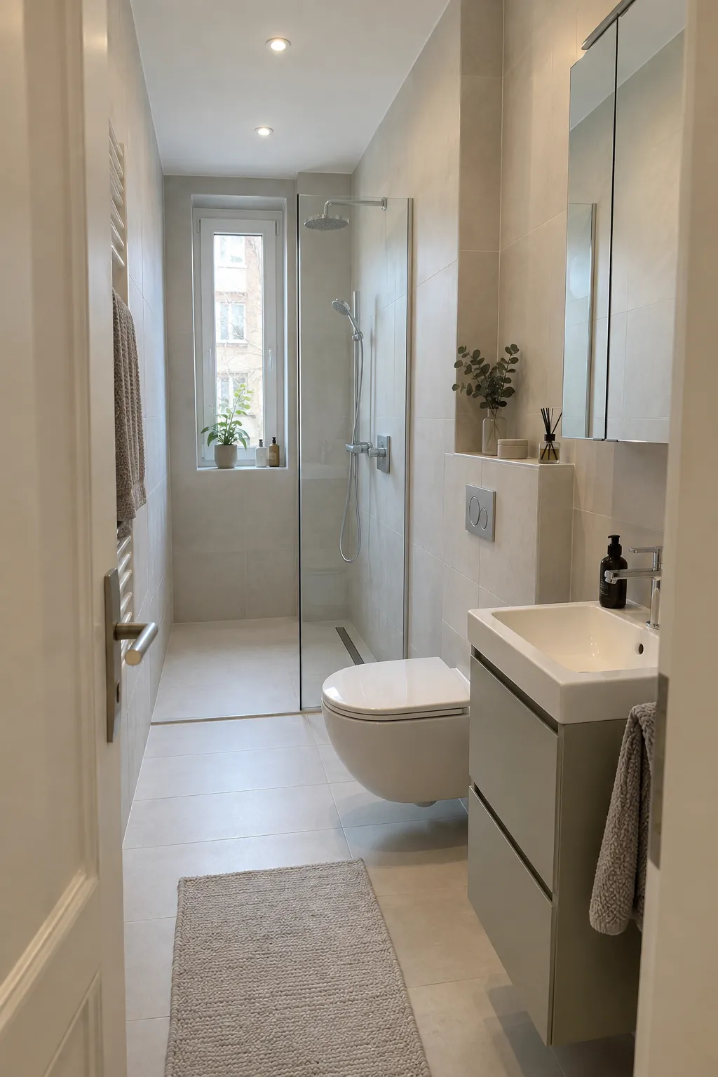 Schmales kleines Bad mit Dusche am Fenster, Wand-WC und schmalem Waschtisch