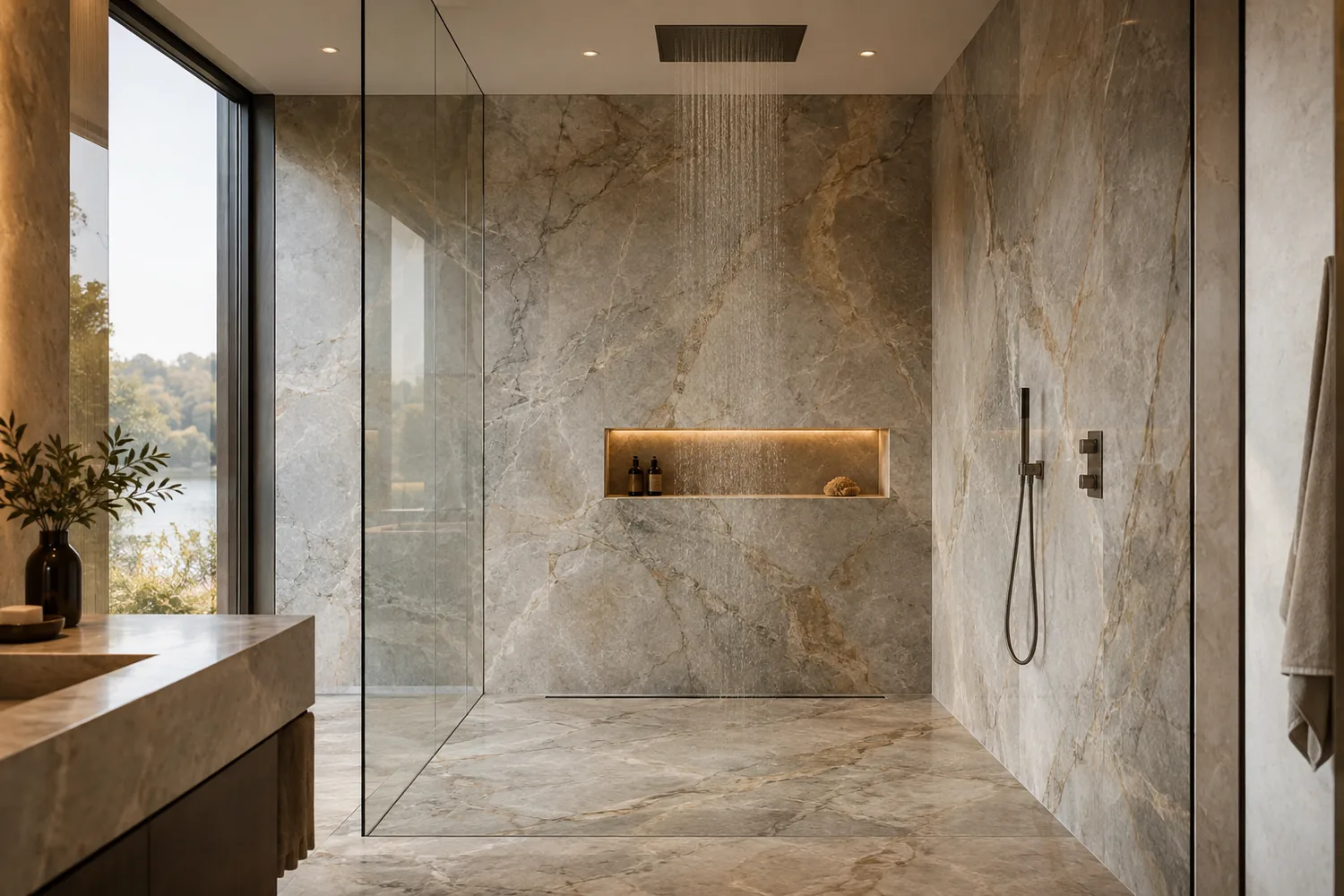 Dusche mit großformatigen Steinplatten und durchlaufender Maserung