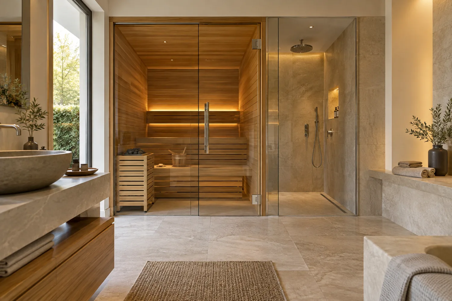 Badezimmer mit Sauna hinter Glas und Sitzbank im Duschbereich