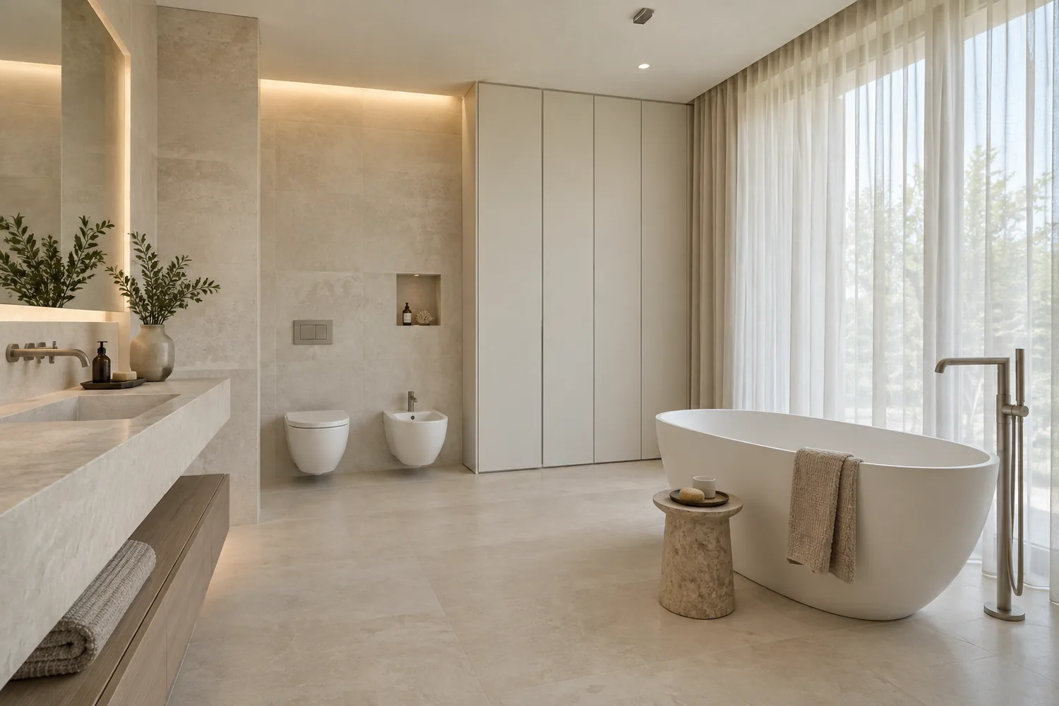 Helles, minimalistisches Badezimmer mit durchgehender Steinoberfläche