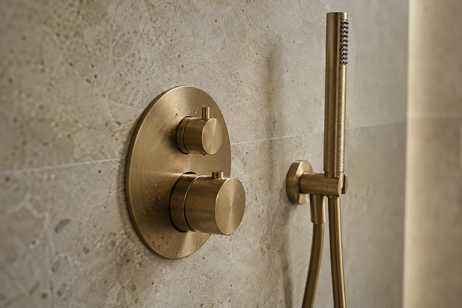 Unterputz-Thermostat und Handbrause in gebürstetem Messing auf Kalkstein