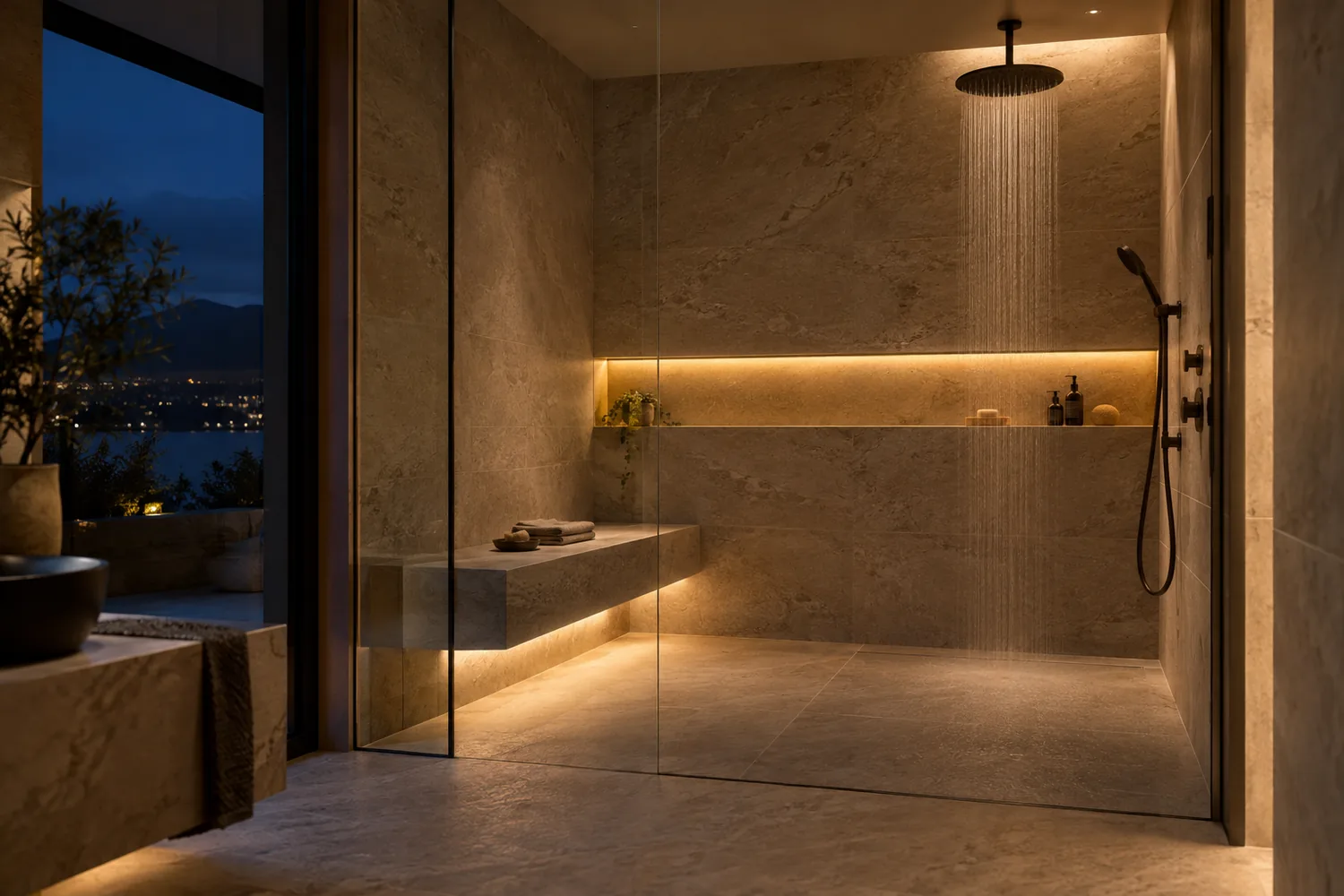 Walk-in-Dusche mit Lichtlinie in der Nische und schwebender Steinbank