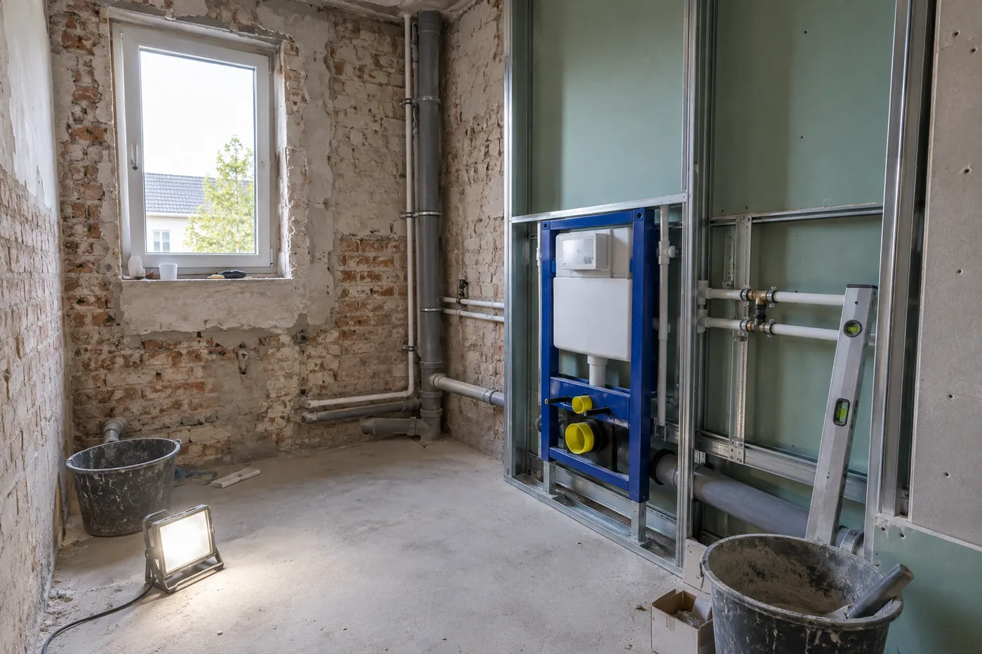 Rohinstallation im neuen Bad: Vorwandelement, Leitungen und Trockenbau