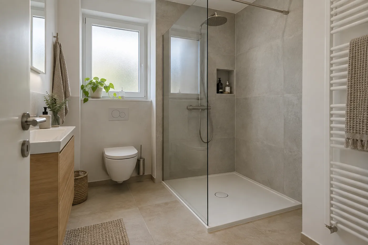 Flache Dusche mit Glaswand an der Stelle der früheren Badewanne