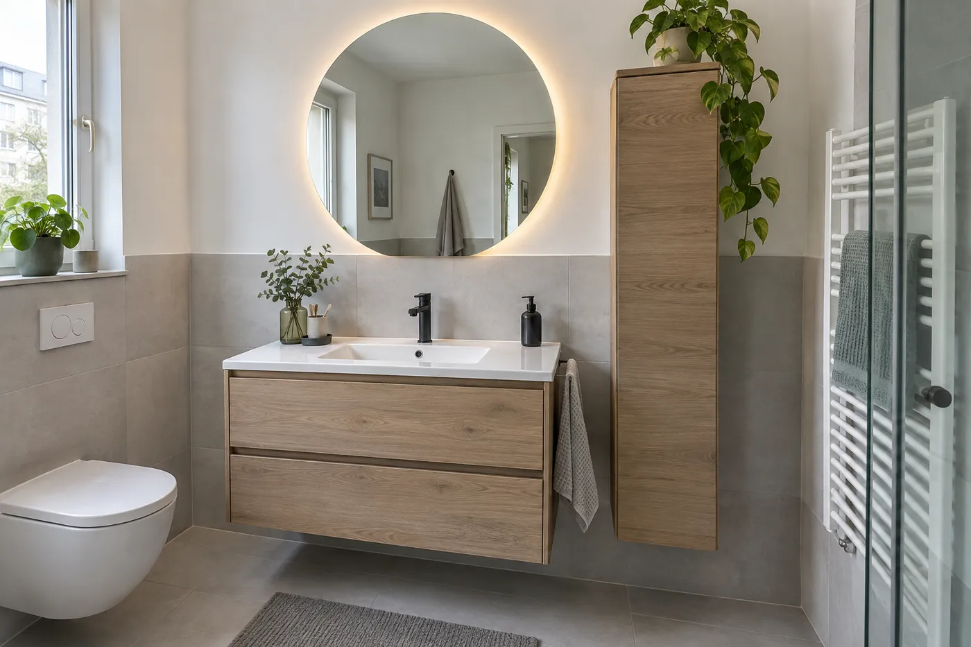 Modernisierter Waschplatz mit Eichenmöbel und rundem Spiegel